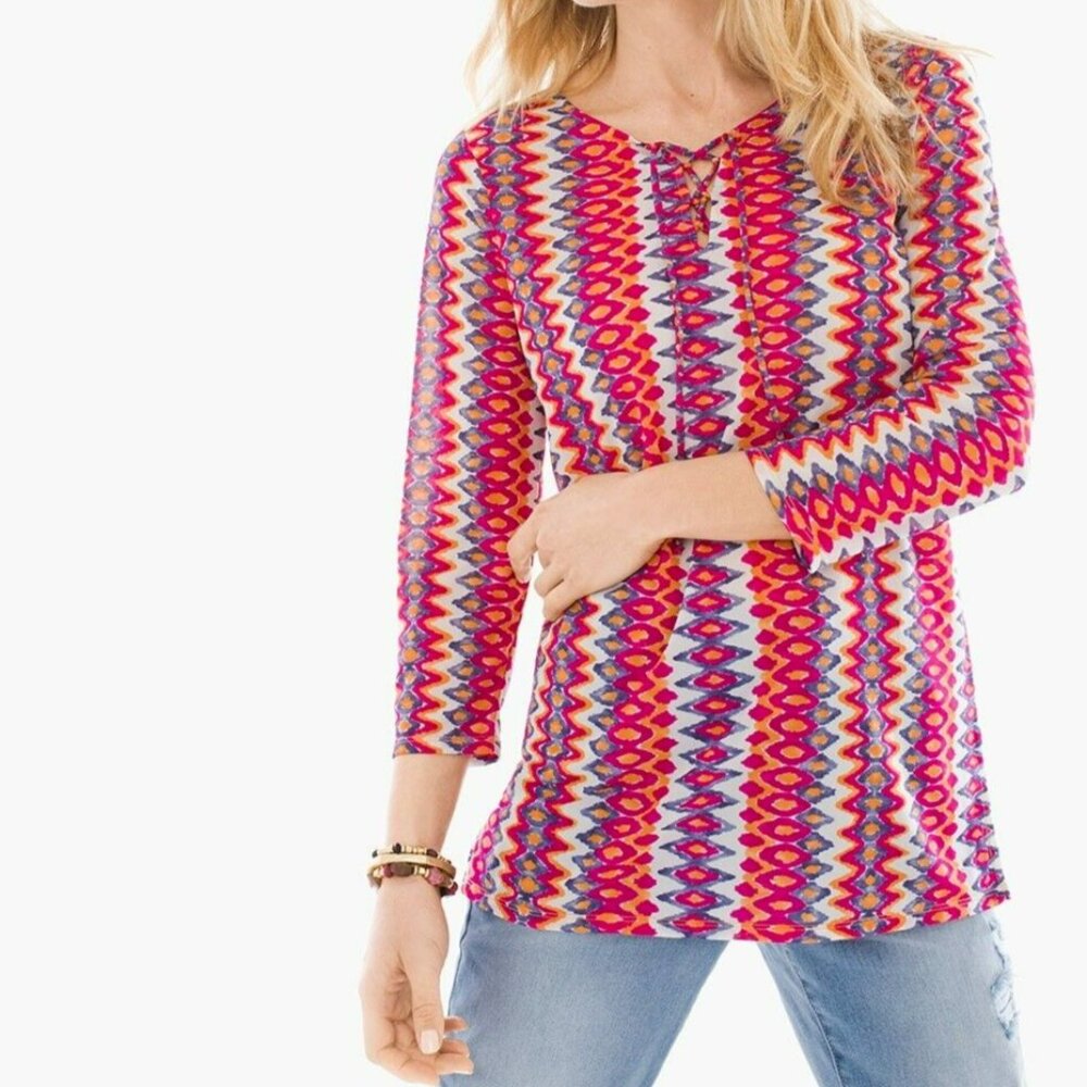 Chico's Tribal Stripes Tunic Top Size 3 X-Large Colorful Lace-Up Stretch Blouse